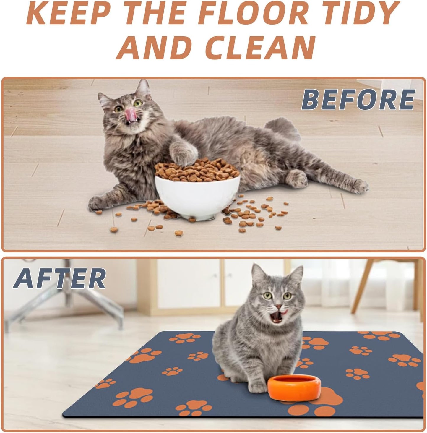 18"×30" Dog Food Mat-Absorbent Dog Mat for Food and Water, No Stains Quick Dry Cat Food Bowl Mat with Footprints for Messy Drinkers,Dark Grey