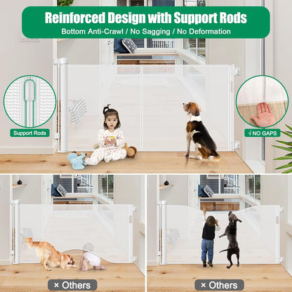 Reinforced 85 Inch Wide Retractable Dog Gate Extra Long Baby Gate with Support Rods – Prevent Crawling Under, Indoor Extra Wide Retractable Baby Gate Retractable Gate Outdoor Gates for Decks, White