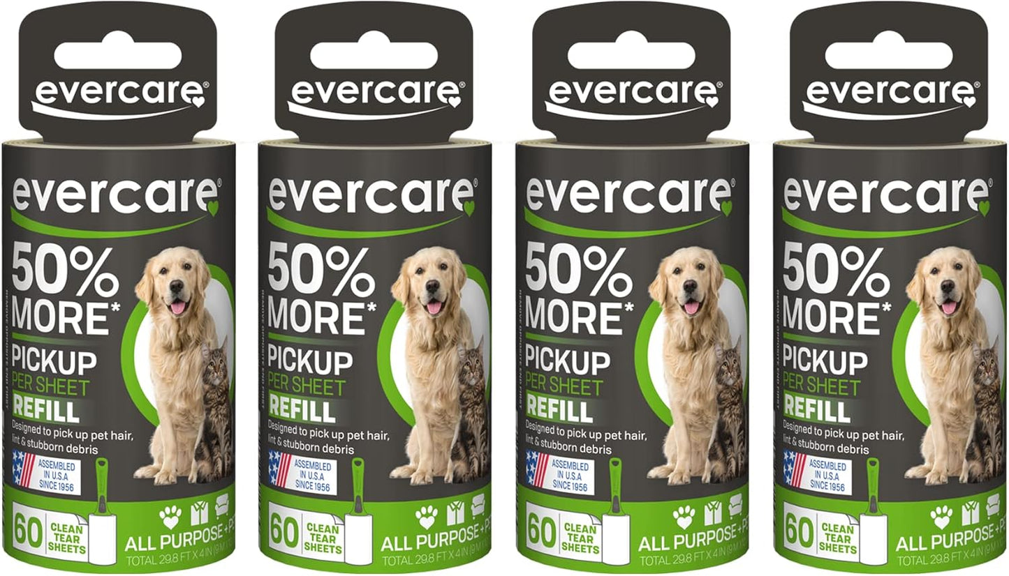 Evercare Pet Lint Roller Refill, Manual Operation, 60 Sheets per Roll, 6 Count Refill Pack for Pet Hair Removal, Green