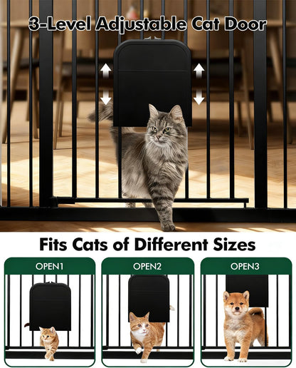Pet Gate with Adjustable Cat Door, 31–46 Inch Pressure Mounted Dog Gate for Doorways, Stairs and Hallways, Auto Close Walk Through Metal Safety Gate, Easy Install, White