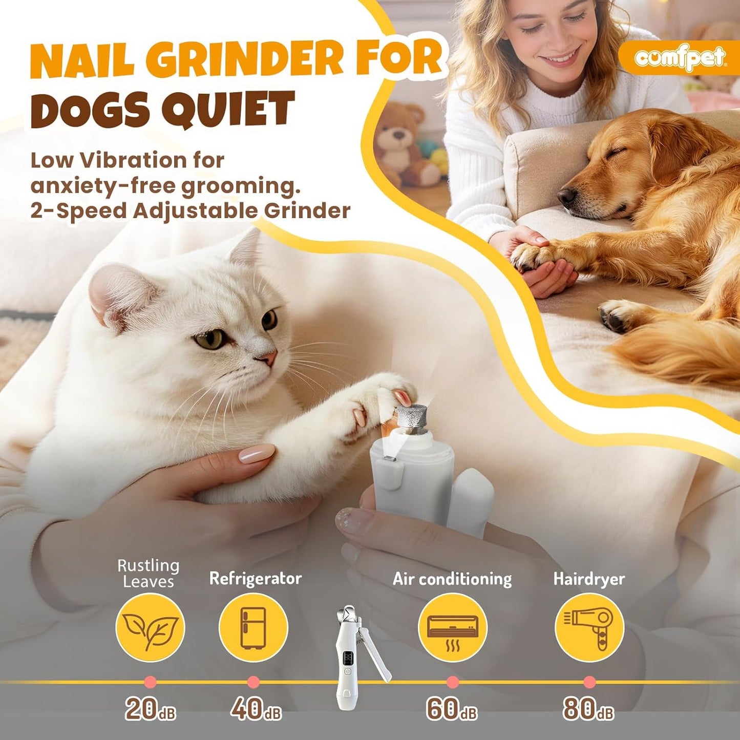 2-in-1 Dog Nail Clippers with Light, Cat Nail Clipper with Anti-Overcut Guard, Dog Nail Grinder Quiet for Large Medium Small Dog Cat Nail Trimmer, Rechargeable Painless Silent Groom Dog Nail Trimmer