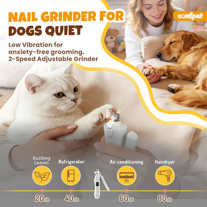 2-in-1 Dog Nail Clippers with Light, Cat Nail Clipper with Anti-Overcut Guard, Dog Nail Grinder Quiet for Large Medium Small Dog Cat Nail Trimmer, Rechargeable Painless Silent Groom Dog Nail Trimmer