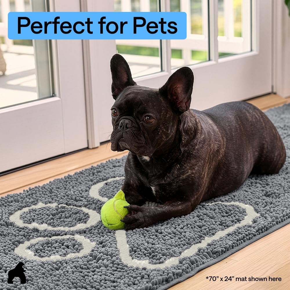 GORILLA GRIP SoakSTOPPER Dog Door Mat, 30x20 Machine Washable Rug Absorbent Doormat Captures Moisture Mud Dirt, Quick Dry Soft Chenille Entryway Rugs Indoor Entrance Mats for Dog Paws, Paw Grey