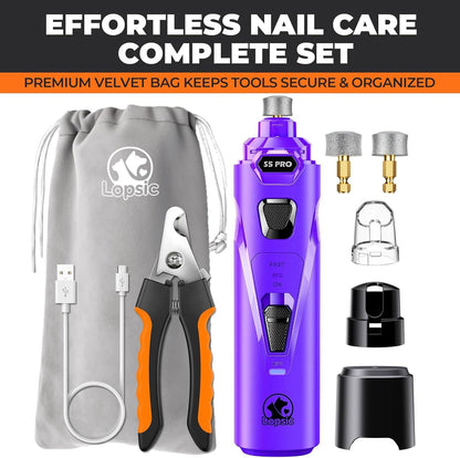 Whisper Quiet Dog Nail Grinder with 4 LED Lights, Safe & Stress-Free for Sensitive Dogs Cats of All Breeds & Sizes, 3 Grinding Bits, 3-Speed, Pet Nail Trimmers, Rechargeable Painless Grooming Kit