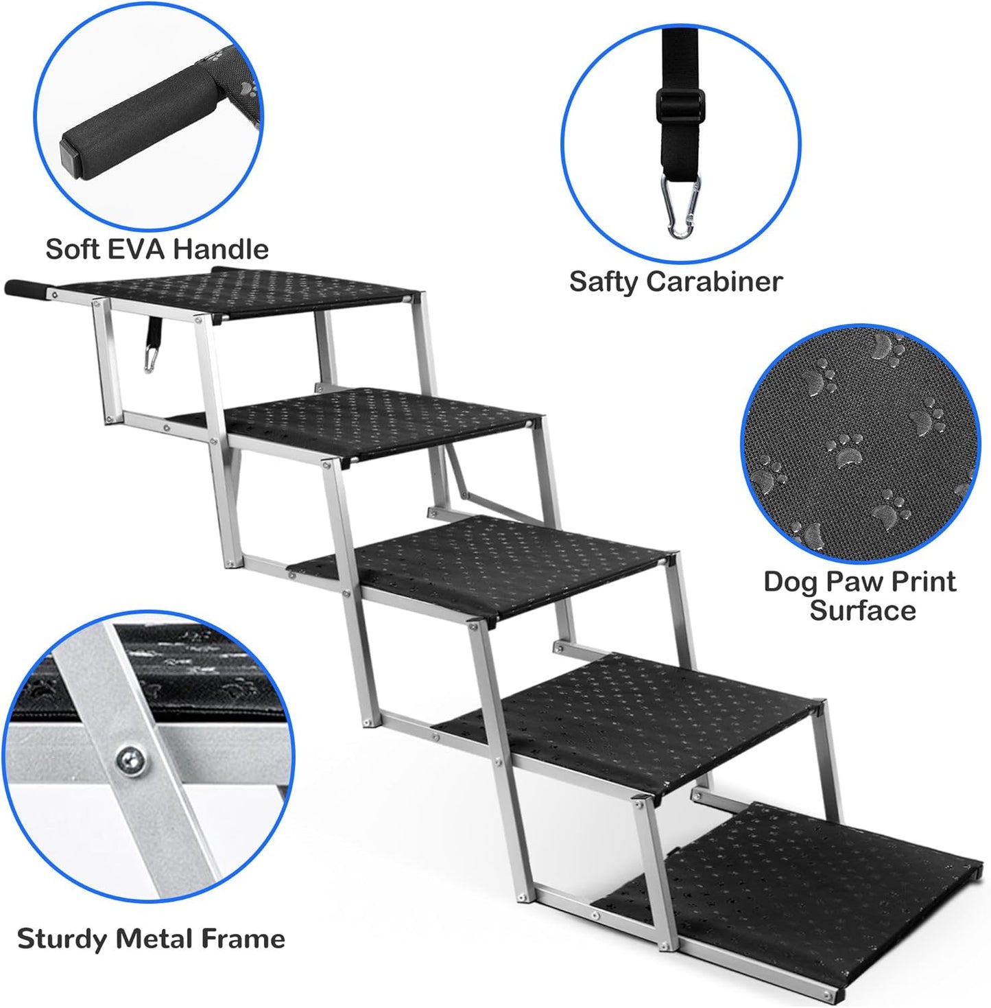 Niubya Dog Ramps for Cars, Portable Folding Dog Stairs for Cars, SUV, Trucks, Lightweight Pet Ramp for Large Dogs with Non-Slip Surface, Reinforced Pet Steps Supports Up to 200 lb, 6 Steps