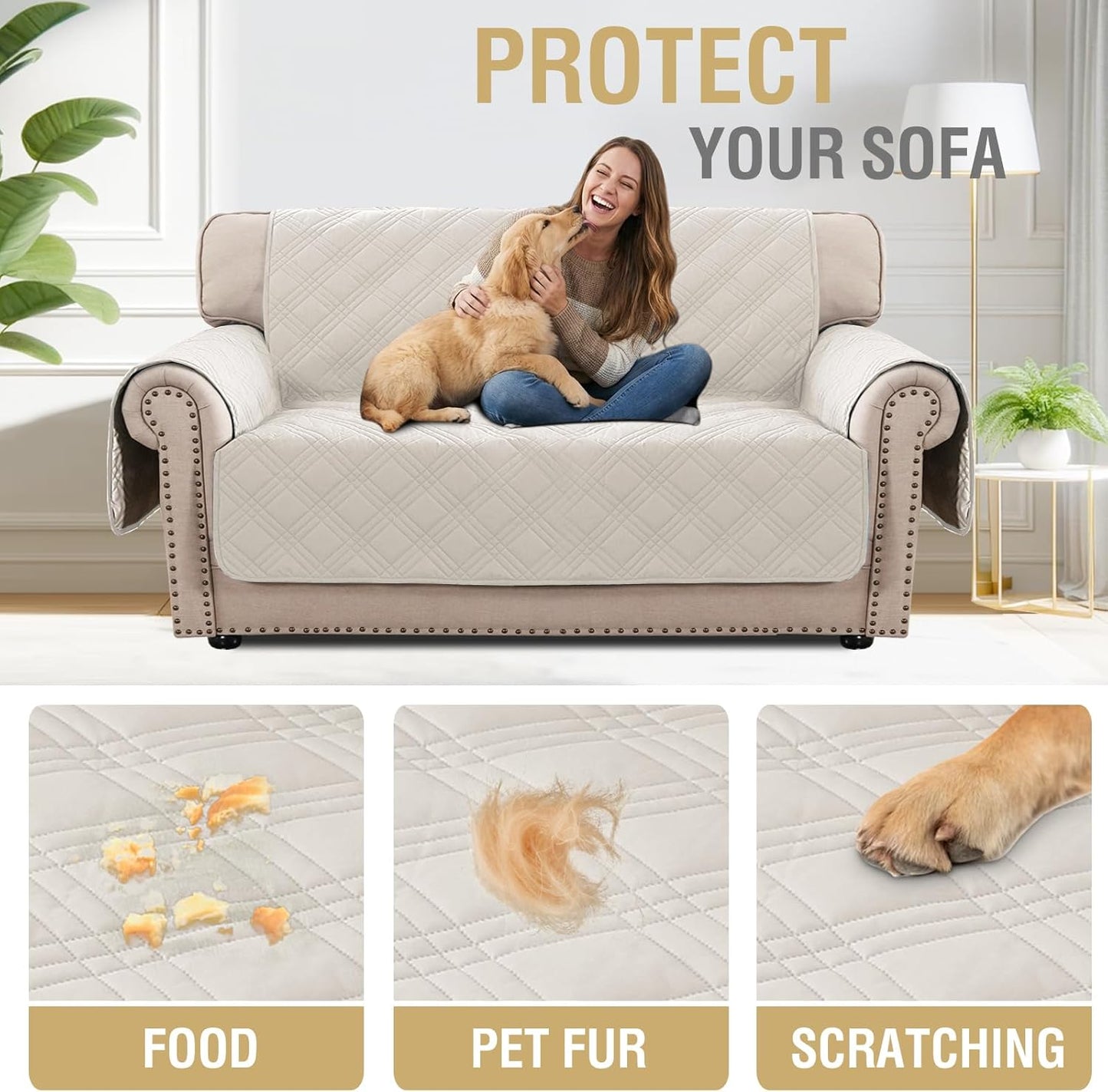 H.VERSAILTEX 100% Waterproof Slipcovers for Couches and Sofas Modern Pet Couch Cover Thick Soft Furniture Protector with Elastic Straps(Sofa, Lily Pad/Beige)