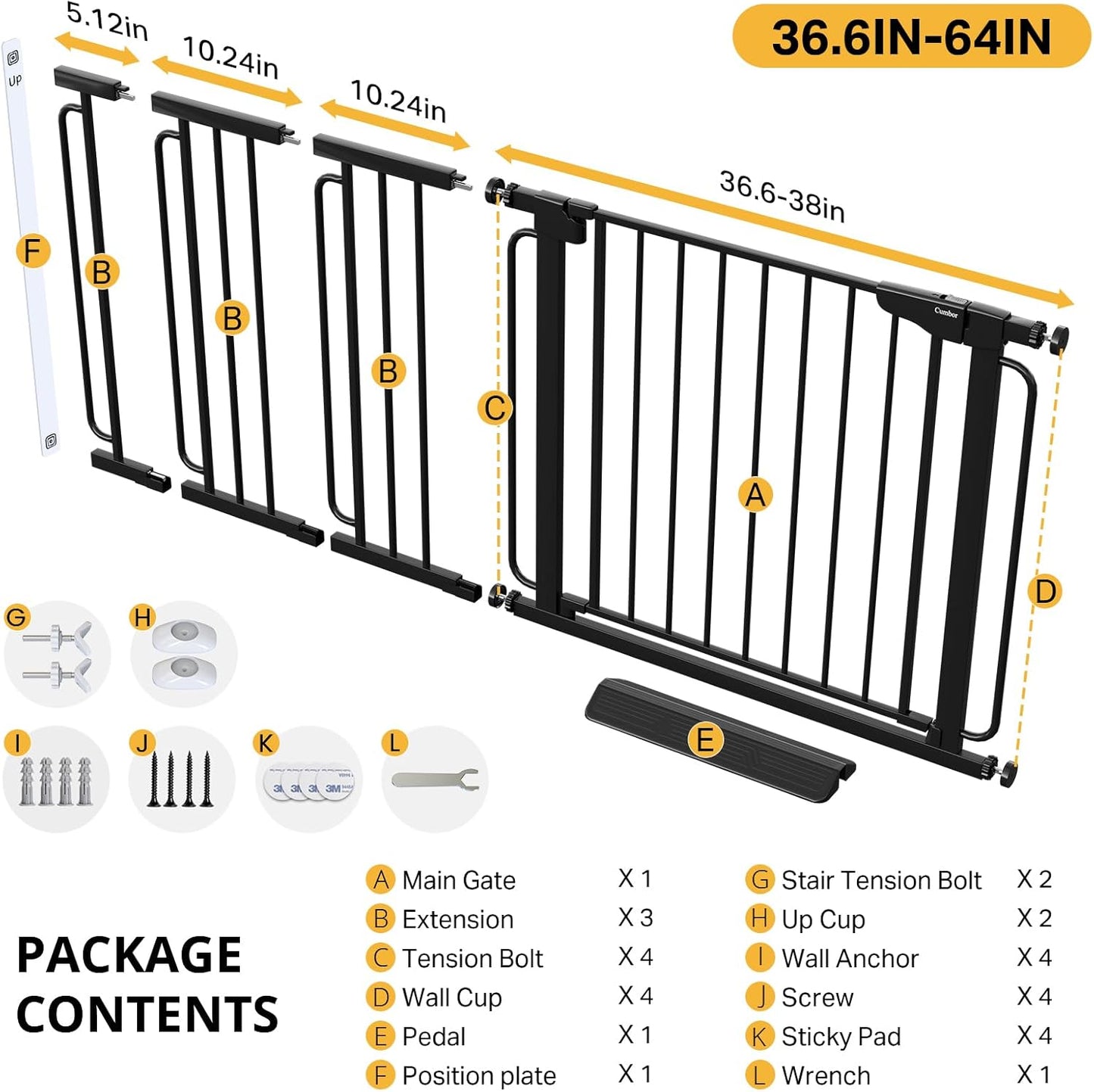 Cumbor 36.6-64" Extra Wide Baby Gate for Stairs, Dog Gates for Doorways, Auto-Close Pet Gate Indoor, Pressure Mounted Walk Through Safety Child Gate for Kids Toddler, Tall Pet Puppy Fence Gate, Brown