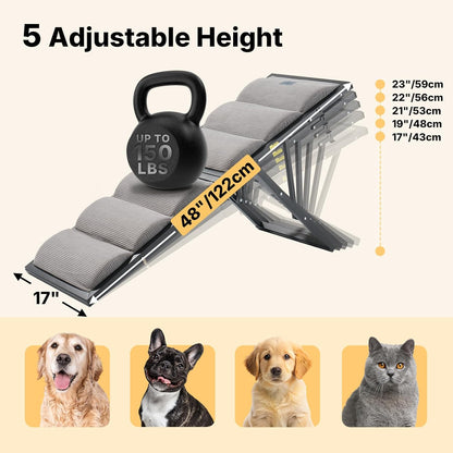 Veehoo Dog Ramp for Bed Couch Height Adjustable from 12" to 20", Foldable Stairs for Dogs to Get on Bed 17" Extra Wide, Portable Pet Doggie Steps Indoor with Non Slip Pad, Support up to 150 lbs