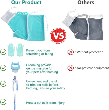KlerRoem Cat Bathing Bag, Adjustable Anti-bite and Anti-Scratch Shower Mesh Grooming Bag for Pet Dogs, Includes Pet Nail Clipper, Nail File, Grooming Glove, and Cat Shell Comb
