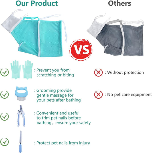 KlerRoem Cat Bathing Bag, Adjustable Anti-bite and Anti-Scratch Shower Mesh Grooming Bag for Pet Dogs, Includes Pet Nail Clipper, Nail File, Grooming Glove, and Cat Shell Comb