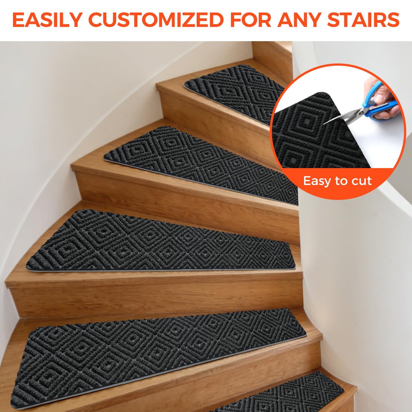 BAGAIL 15 Pack Non-Slip Stair Treads for Wooden Steps, 8"x30" Peel and Stick Carpet Stair Runners, Machine Washable Indoor Step Covers with No-Residue Adhesive for Dogs, Kids & Elderly - Dark Gray