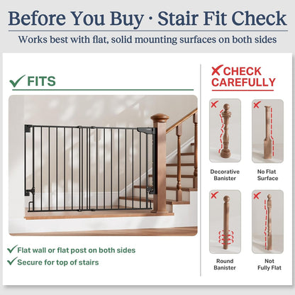 Cumbor 29.2–43" Baby Gate for Stairs, Hardware Mounted (Drill Required), Expandable No Bottom Bar Dog Gate, Auto Close Extra Wide Walk Thru, Pet & Toddler Proof Gate, Top & Bottom of Stairways(Black)
