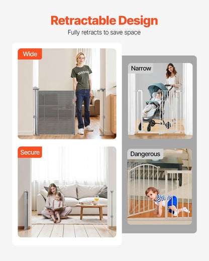VEVOR Retractable Baby Gate, 34 inch Tall, Extends up to 110 inch Wide, Retractable Gate for Kids or Pets, Mesh Material, Easy to Install for Indoor Stairs, Doorways, Hallways, Playrooms, Gray