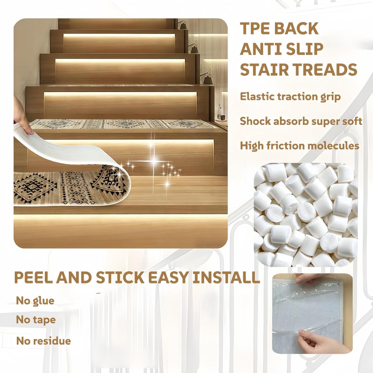 Stair Treads for Wooden Steps, Non Slip Stair Treads Carpet Indoor Residue Free Peel and Stick Washable Stair Covers, Safe for Dogs Kids Elders, Moroccan Beige, 8x30 inch, 4 Pack