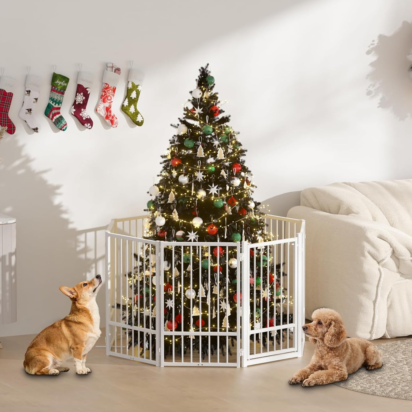 SNUOWU Full Metal Freestanding Dog Gate with Door, 32''Height Foldable Pet Dog Fence for Indoor & Outdoor, 4 Panels Extra Wide Free Standing TallDog Gates for Doorways,House,Stairs,Porch,Deck,Yard