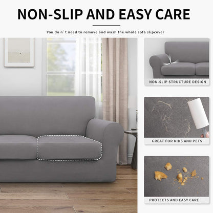Easy-Going 100% Dual Waterproof 4 Pieces Stretch Soft Couch Cover for Dogs, Sofa Slipcover for 3 Separate Cushion Couch Leakproof Furniture Protector for Kids, Pets Dark Gray