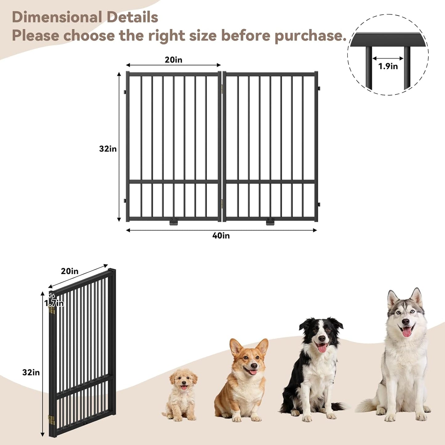 SNUOWU Full Metal Freestanding Dog Gate with Door, 32''Height Foldable Pet Dog Fence for Indoor & Outdoor, 4 Panels Extra Wide Free Standing TallDog Gates for Doorways,House,Stairs,Porch,Deck,Yard