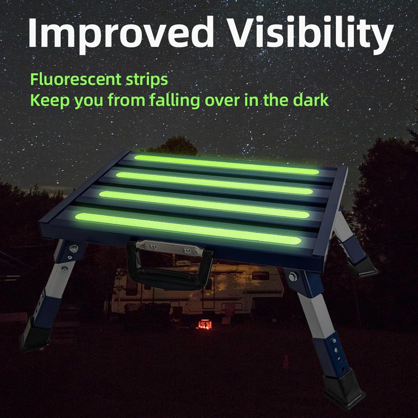 Aluminum RV Steps, 4-Level Adjustable Folding Step Stool with Non-Slip Rubber Feet, Non-Slip Fluorescent Strip Platform Rv Accessories, Supports Up to 1000 lbs - Black