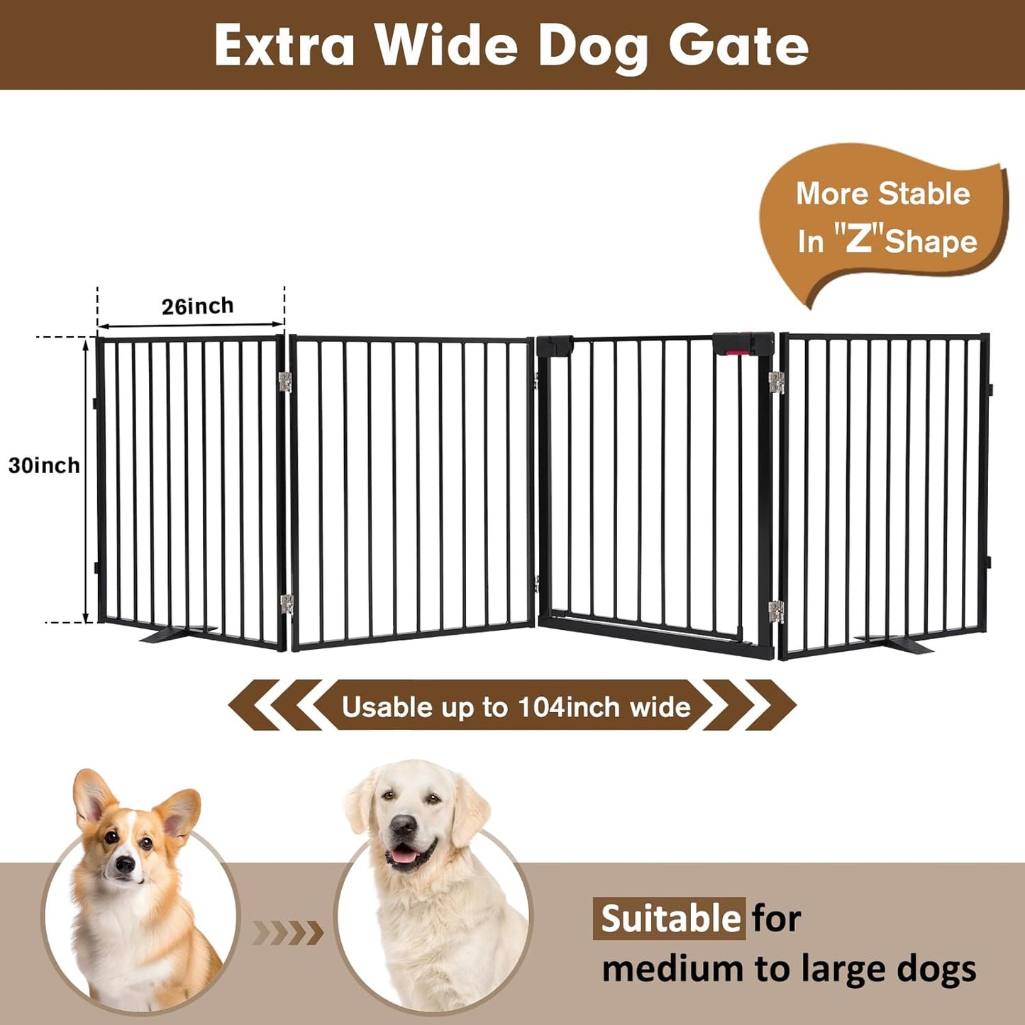 104" Extra Wide Dog Gate, Heavy Duty Metal Freestanding Dog Gate with Door for Indoor & Outdoor, Foldable Pet Fence for Doorways,House,Porch,Deck,Yard,Stairs, Auto Close(4 Panels,Black)