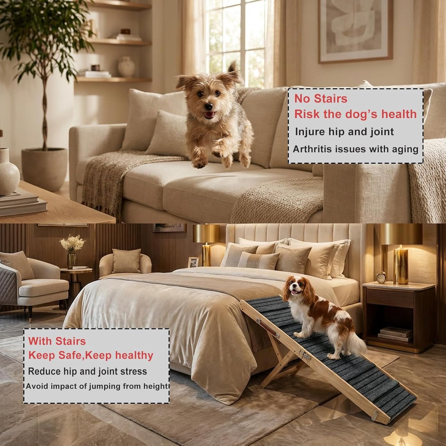 Dog Ramp for Sofa, Couch – Foldable Wooden Pet Ramp with 4 Adjustable Heights, Anti-Slip Surface & Safety Support for Small Dogs, Senior Pets with Joint Pain – Portable Pet Steps Stairs (S)