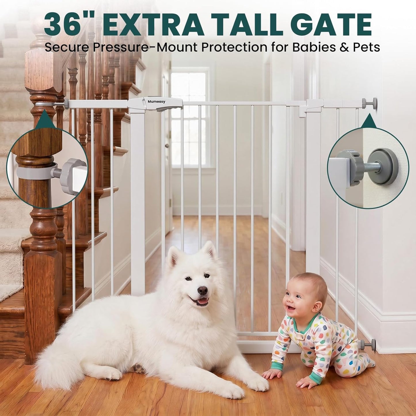 Mumeasy 29.7-46" Baby Gate for Stairs, Pressure Mounted Dog Gate for Doorways, Auto Close Walk Through Pet Gate Indoor, Extra Wide Metal Child Safety Gate, Mom's Choice Awards Winner, Black