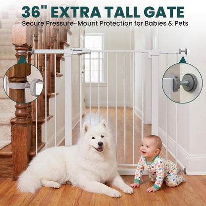Mumeasy 29.7-46" Baby Gate for Stairs, Pressure Mounted Dog Gate for Doorways, Auto Close Walk Through Pet Gate Indoor, Extra Wide Metal Child Safety Gate, Mom's Choice Awards Winner, Black