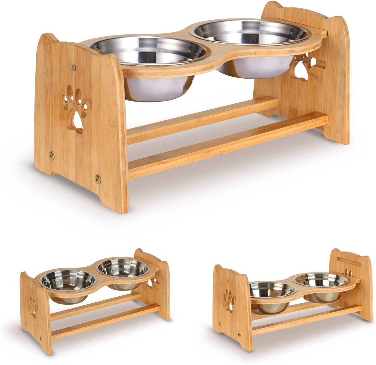 X-ZONE PET Elevated Dog Bowls for Cats and Dogs, Adjustable Bamboo Raised Dog Bowls for Small Dog, Food and Water Set Stand Feeder with 2 Stainless Steel Bowls and Anti Slip Feet (Height 4" to 4.5")
