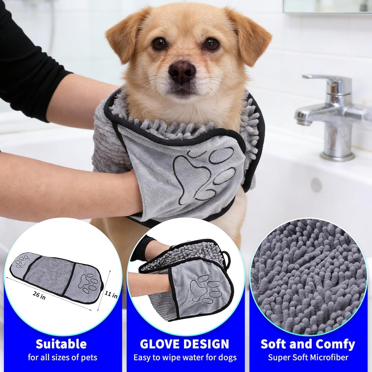 3PCS Dog Bath Supplies,Dog Bath Brush | Dog Washing Gloves | Dog Towel 40'' X 23.6'',Super Absorbent and Soft Pet Grooming Towel, Perfect Shower & Grooming Supplies for Dogs (A-3 Kits)