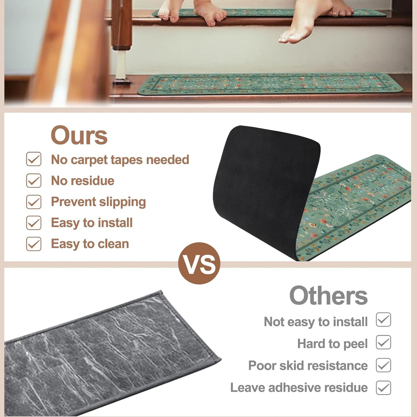 OJIA Floral Stair Treads Non-Slip Carpet Stair Treads for Wooden Steps Indoor 15PCS 30"x8" Stair Runner Stair Mats Staircase Step Treads for Kids, Elders and Dogs, Stair Covers, Black