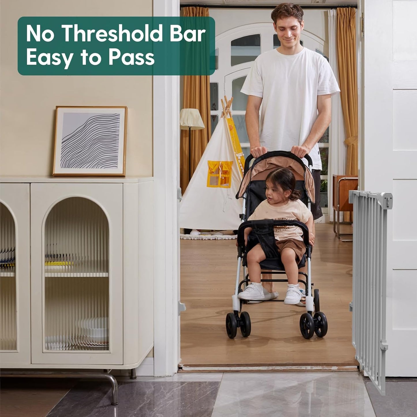 Babelio Baby Gate for Stairs, Kitchen & Doorways, 26-43" W 28" H No Bottom Bar| Easy Installation| One-Handed Operation| Auto-Close| Hardware Mount (Drill Needed) Safety Dog/Pet Gate Indoor (White)