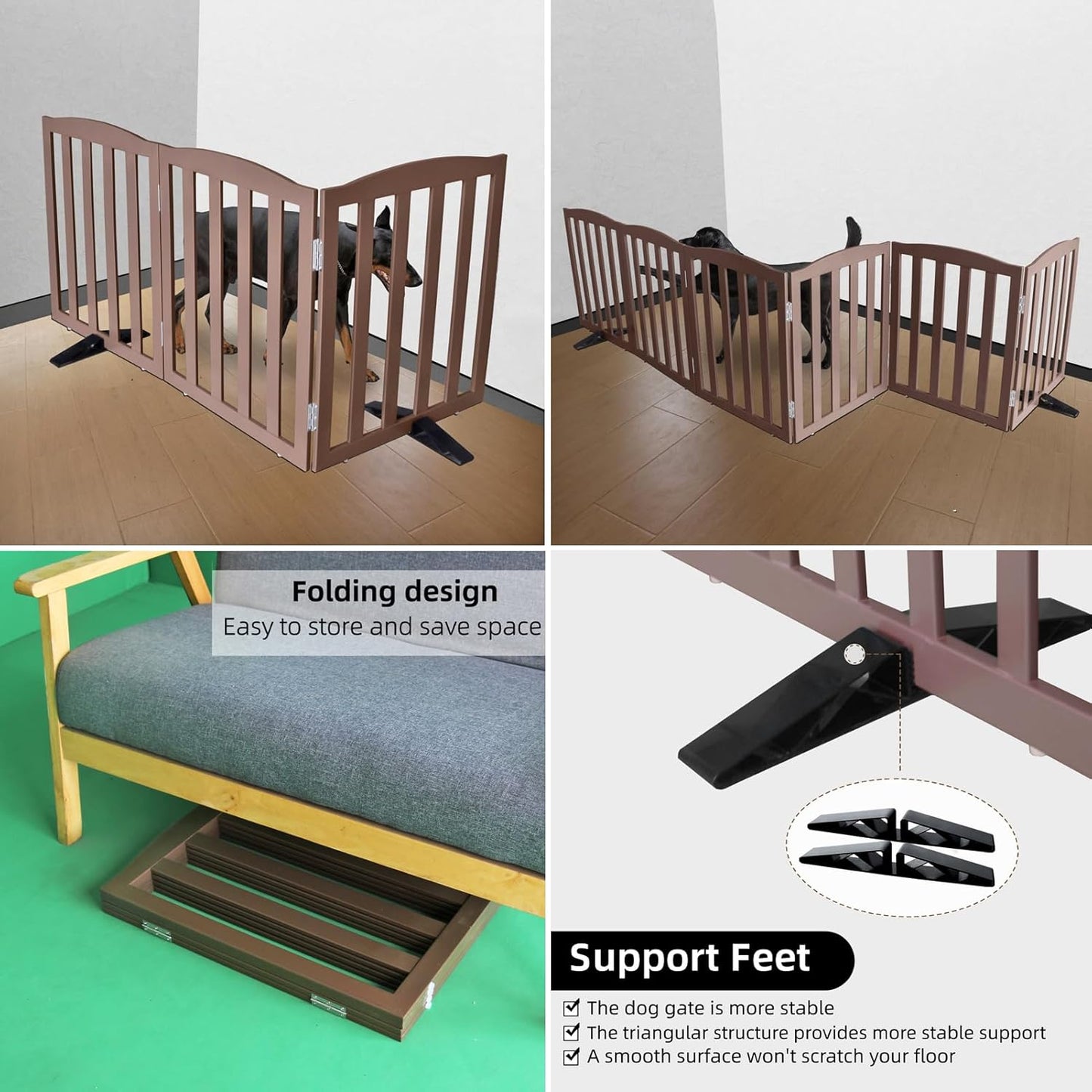ZJSF Foldable Freestanding Indoor Dog Gate for House Wood White Long Pet Gates Dog Fence for Stairs Puppy Gates for Hallways,Pet Fence, Puppy Gate,Support Feet Included 24 "Height-3 Panels