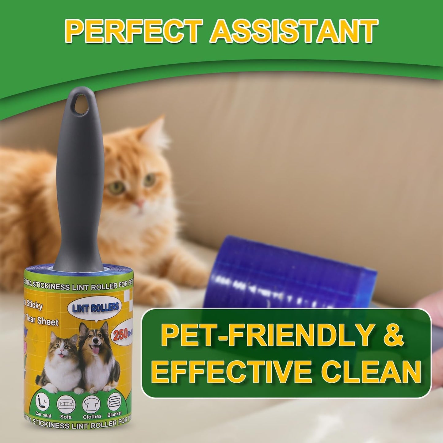 Lint Roller Pet Hair Value Pack of 250 Sheets, Extra Sticky Lint Remover for Dog & Cat Fur, Clothes, Furniture, Couches Reusable Lint Remover for Fuzz, Fluff & Hair(White)