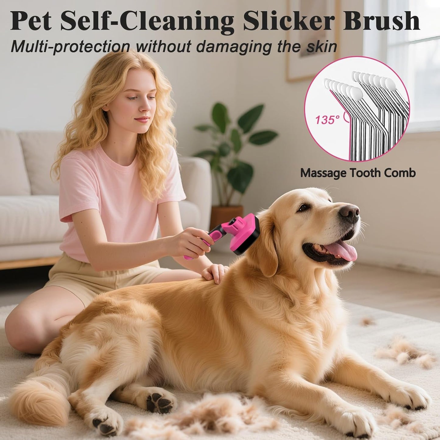 2PCS Self Cleaning Slicker Brush & Dog Comb - Skin Friendly Deshedding Grooming Tool for Dogs, Cats and Small Animals, Professional Deshedding Dematting Tool for Long and Short Haired Pets (Pink)