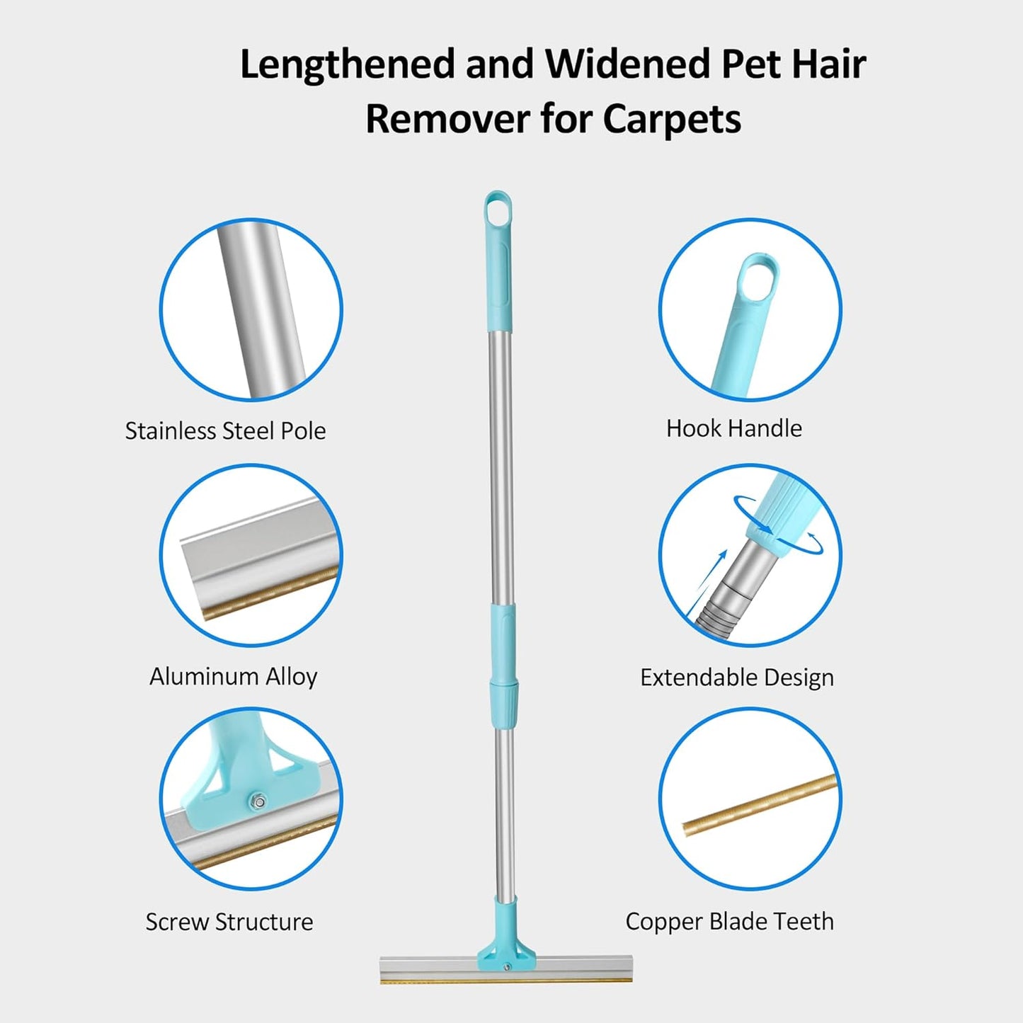 Telescopic Carpet Rake for Pet Hair, 36-55" Adjustable Rug Rake to Remove Dog Cat Hair & Fluff Matted Carpet, Stand Up Cleaning Tool for Under Furniture