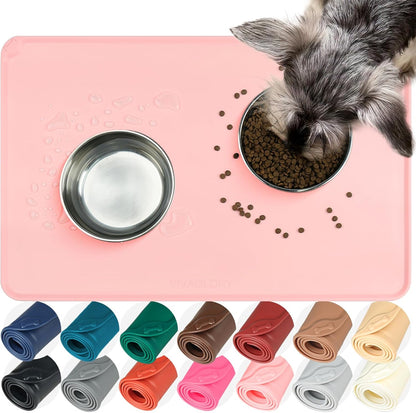 VIVAGLORY Dog Food Mat Flexmat Dog Bowl Mat, Placemat Food Tray with Raised Edges & Lip for Indoor Floor, Non Slip Waterproof Silicone Dish Placemat for Cat & Pet, S, Grey