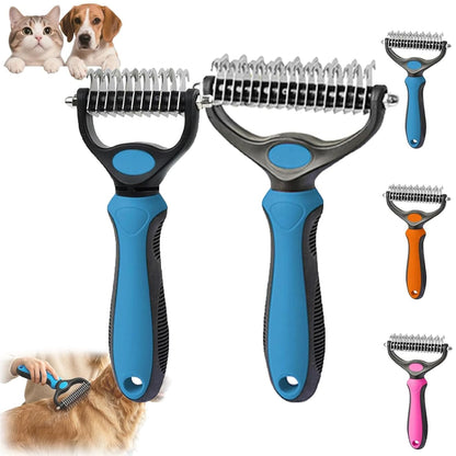 Pet Pro Grooming Tool, 2-in-1 Deshedding Dog Brush with 9/17 Teeth Undercoat Rake for Dogs & Cats, Dual-Sided Stainless Steel Pet Comb for Long Hair & Thick Coats, Non-Slip Ergonomic Handle (Pink-L)