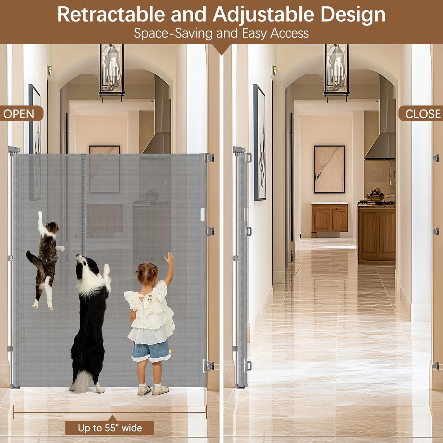 Reinforced 55" Extra Tall Pet Gate for Doorway - No Jumping Over, 55" Wide Retractable Baby Gates with Support Rods - No Crawling Under, Climb Proof Cat Gate for Stairs Tall Retractable Dog Gate/Black