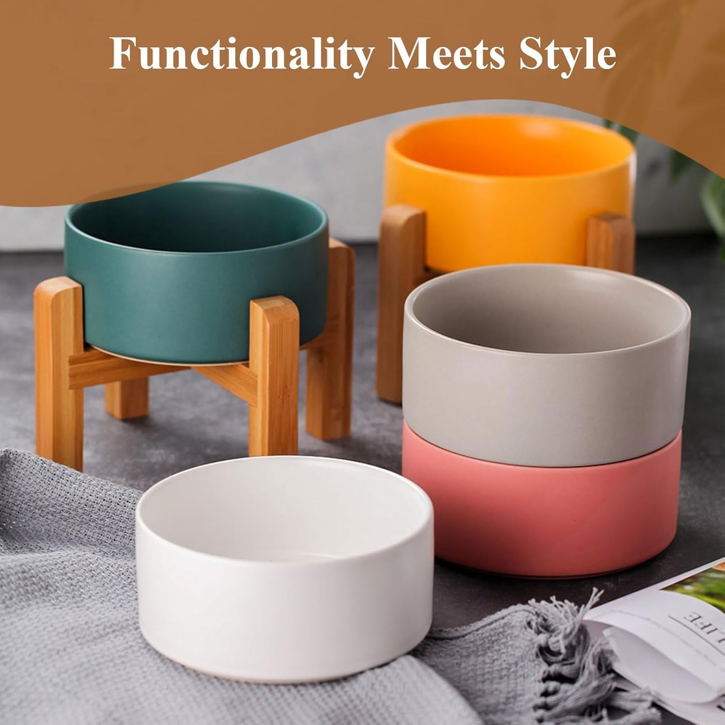 Elevated Ceramic Cat Bowl - Cat Food Bowl with Bamboo Stand - Raised Dog Dish for Puppies - Anti Vomiting, Stress Free - 13.5 oz / 400 ml - White