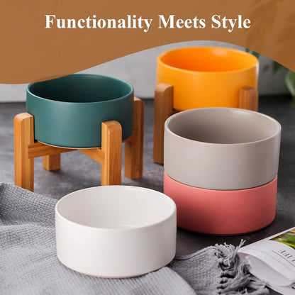 Elevated Ceramic Cat Bowl - Cat Food Bowl with Bamboo Stand - Raised Dog Dish for Puppies - Anti Vomiting, Stress Free - 13.5 oz / 400 ml - White