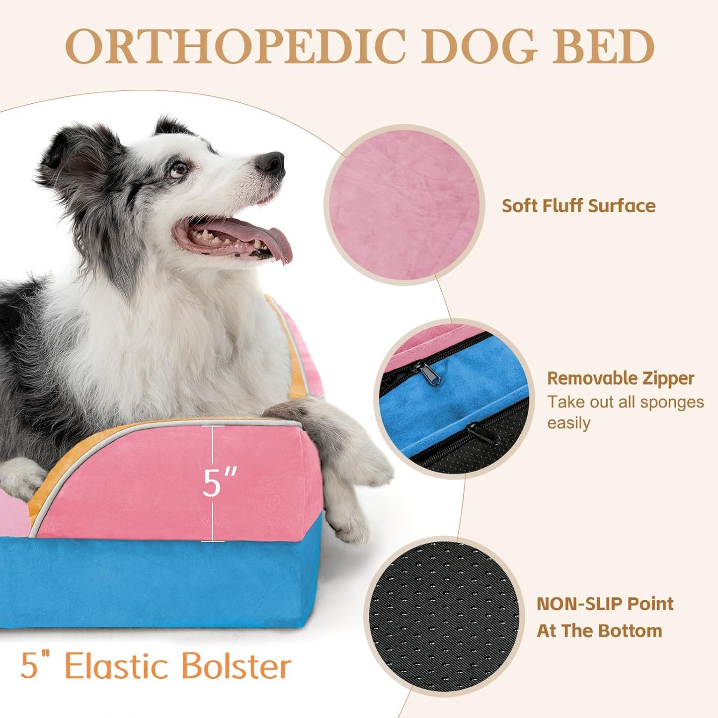 Comfort Expression Orthopedic Dog Bed for Extra Large Dogs 42x30 Inch, Waterproof Egg Crate Foam XL Pet Bed with Removable Bolsters, Dog Couch with Washable Cover & Non-Slip Bottom, Grey - Colors B