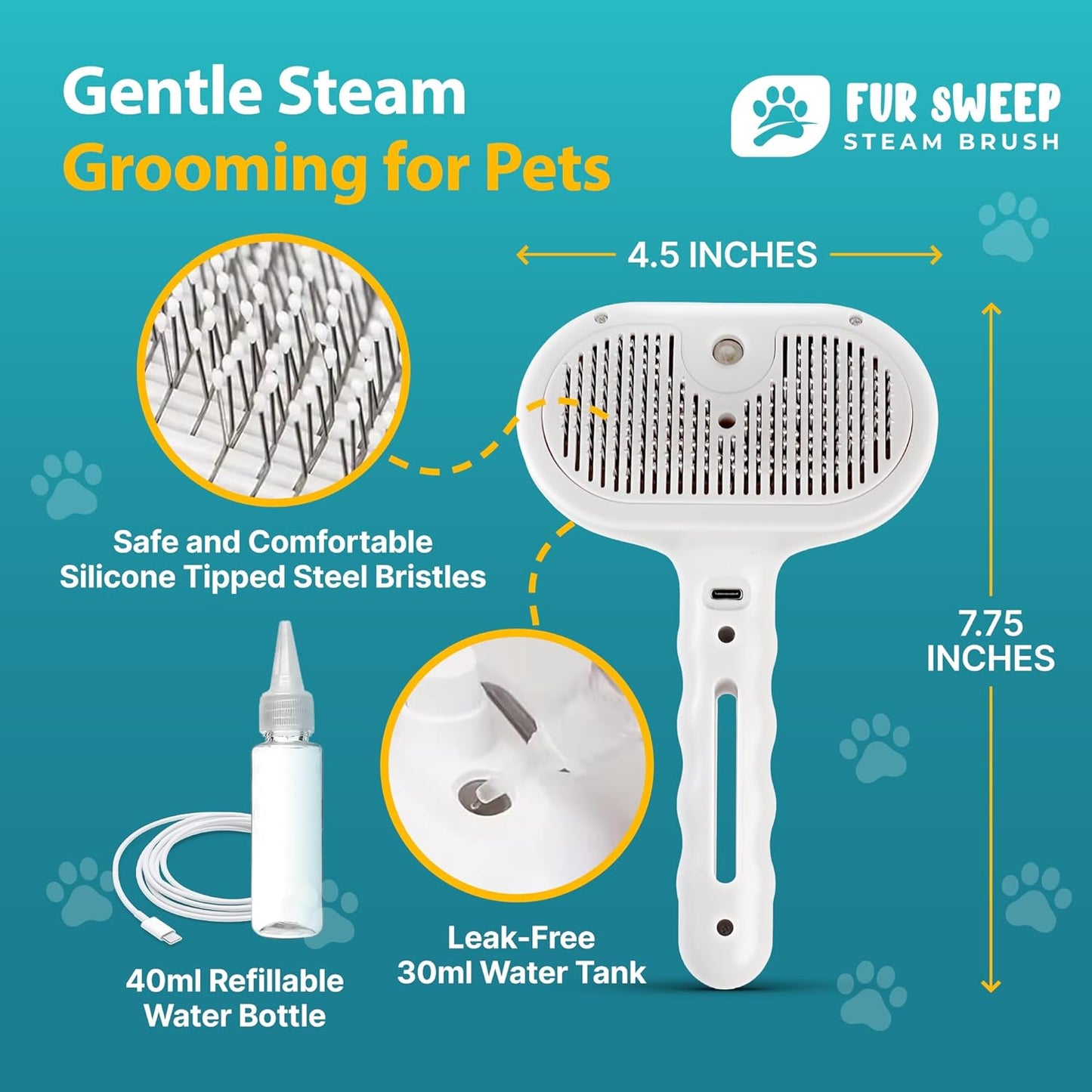 Fur Sweep Steam Brush For Dogs Comb for Grooming Cat Brush For Shedding, Self Cleaning Deshedding Tool, Anti Static Mist, Rechargeable, Slicker Comb for Long and Short Haired Pets, Gentle Fur Remover