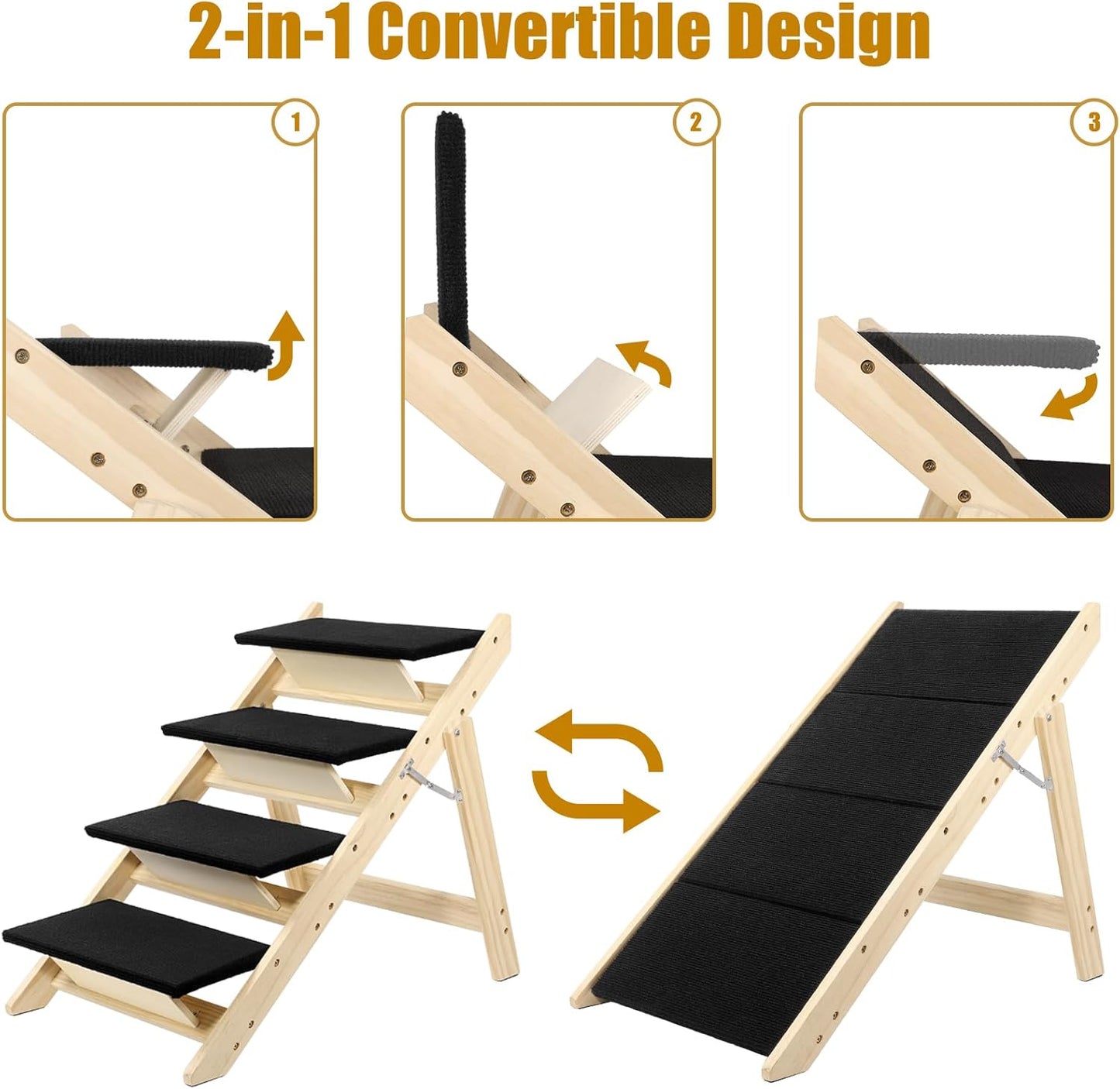 Foldable Dog Stairs/Ramp with 2 Steps - Durable Wooden Pet Stairs for Small, Medium, Large Dogs - Black (No Assembly Required)