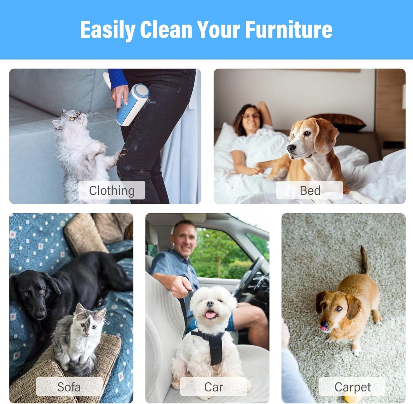 Pet Hair Remover Reusable Cat and Dog Hair Remover Multi-Surface Lint Roller Portable Fur Removal Tool for Furniture,Couch,Carpet,Bedding,Clothes and Car Seats, Non-Slip Handle Self-Cleaning Roller