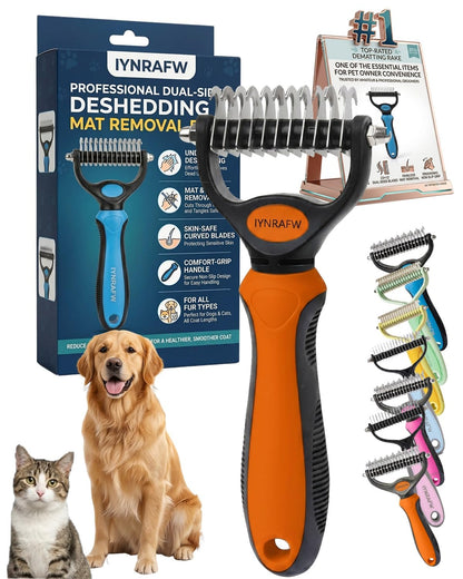 Pet Pro Grooming Tool Dual Tooth Pet Grooming Comb Undercoat Rake for Dogs Cats Long Hair Deshedding Tool Dematting Brush Double Sided Stainless Steel Teeth Remover Mats Tangles Loose Fur