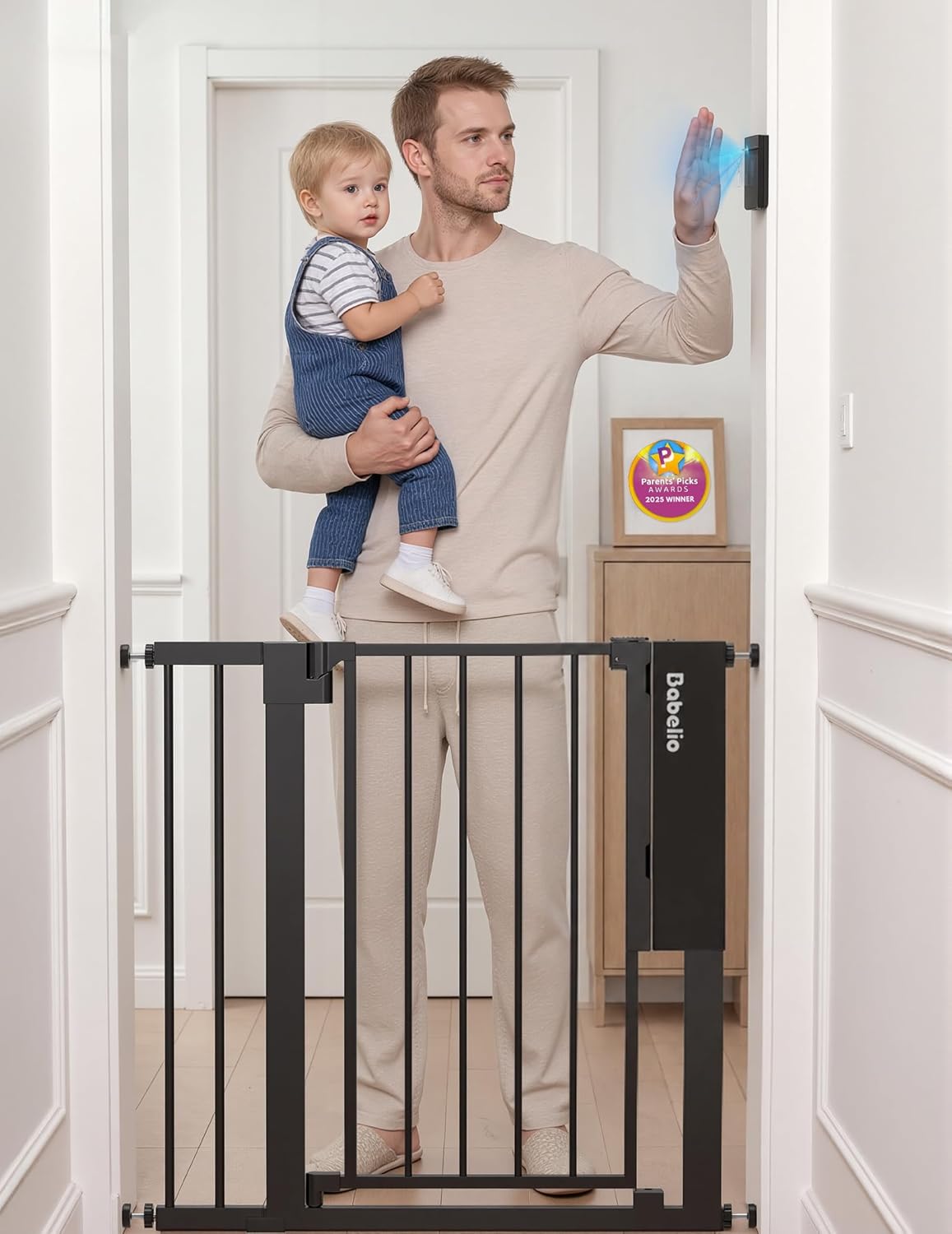 Babelio Smart Baby Gate with Auto-Unlock/Close, Pressure Mounted No Drill for Doorways/Top of Stairs. Pet/Dog Door Wide Walk Thru w/Infrared Sensor & Safety Alert (Black, 26.3-37.8" W, 30" H)