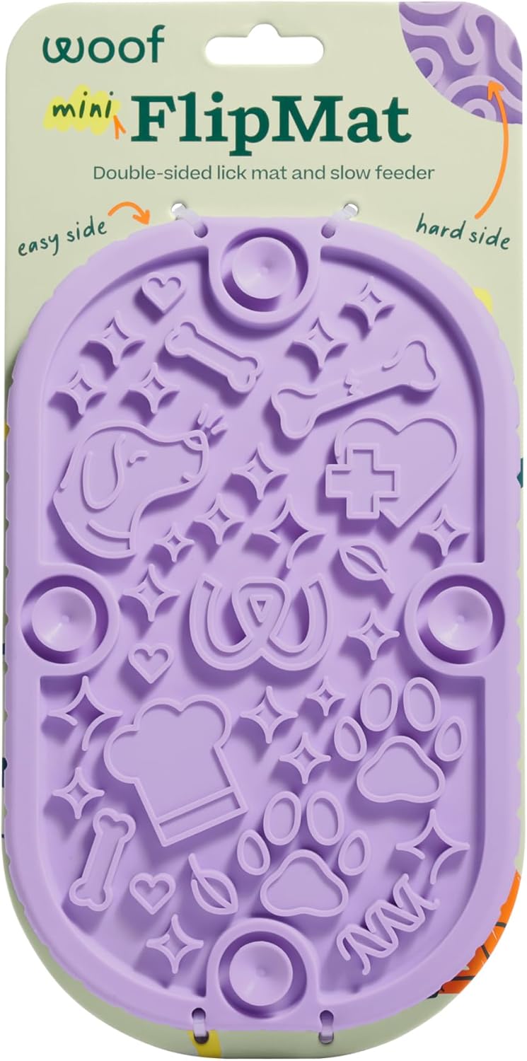 WOOF FlipMat Mini- Easy-to-Clean Lick Mat for Small Dogs & Travel - Slow Feeder Mat with Double-Sided-Non-Slip Design - BPA-Free Silicone - Lick Mat - Interactive Dog Toys - Lavender