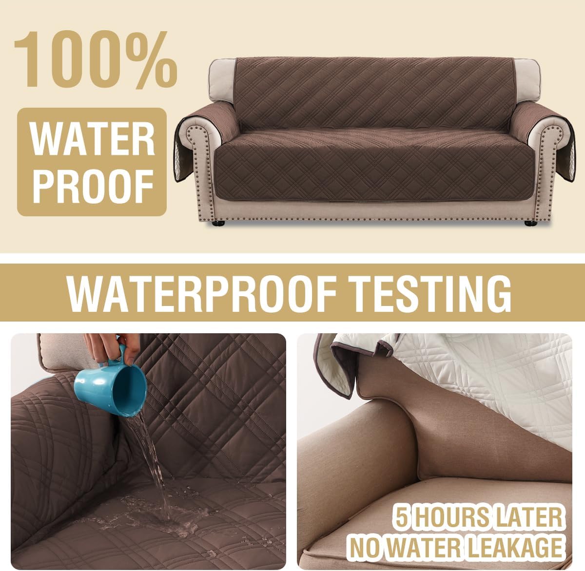 H.VERSAILTEX 100% Waterproof Slipcovers for Couches and Sofas Modern Pet Couch Cover Thick Soft Furniture Protector with Elastic Straps(Sofa, Lily Pad/Beige)