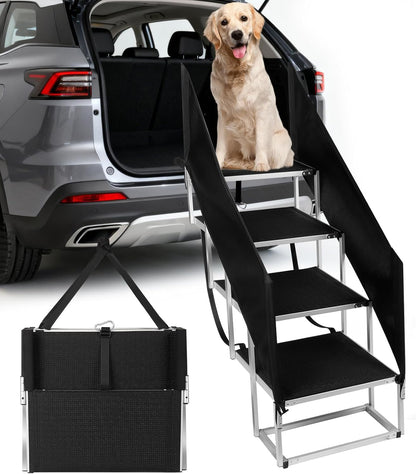 Deergym Dog Stairs for Large Dogs - 5 Step Wide 16in High 34in Foldable Dog Ramp for Car Non-Slip Surface Support up to 230lbs - Suitable for SUV,Truck, Sofas, Bed