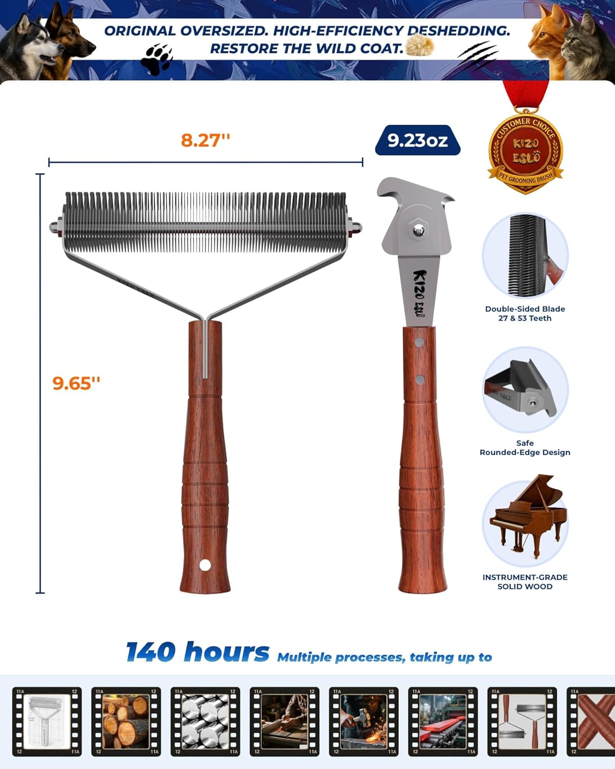 Extra Large 2-Sided Undercoat Rake for Dogs & Cats, Dog Brush for Shedding Remove Mats, Dematting Comb, Safe&Gentle Grooming Brush for German Shepherds Medium to Long-Haired Pets,Premium Wooden Handle