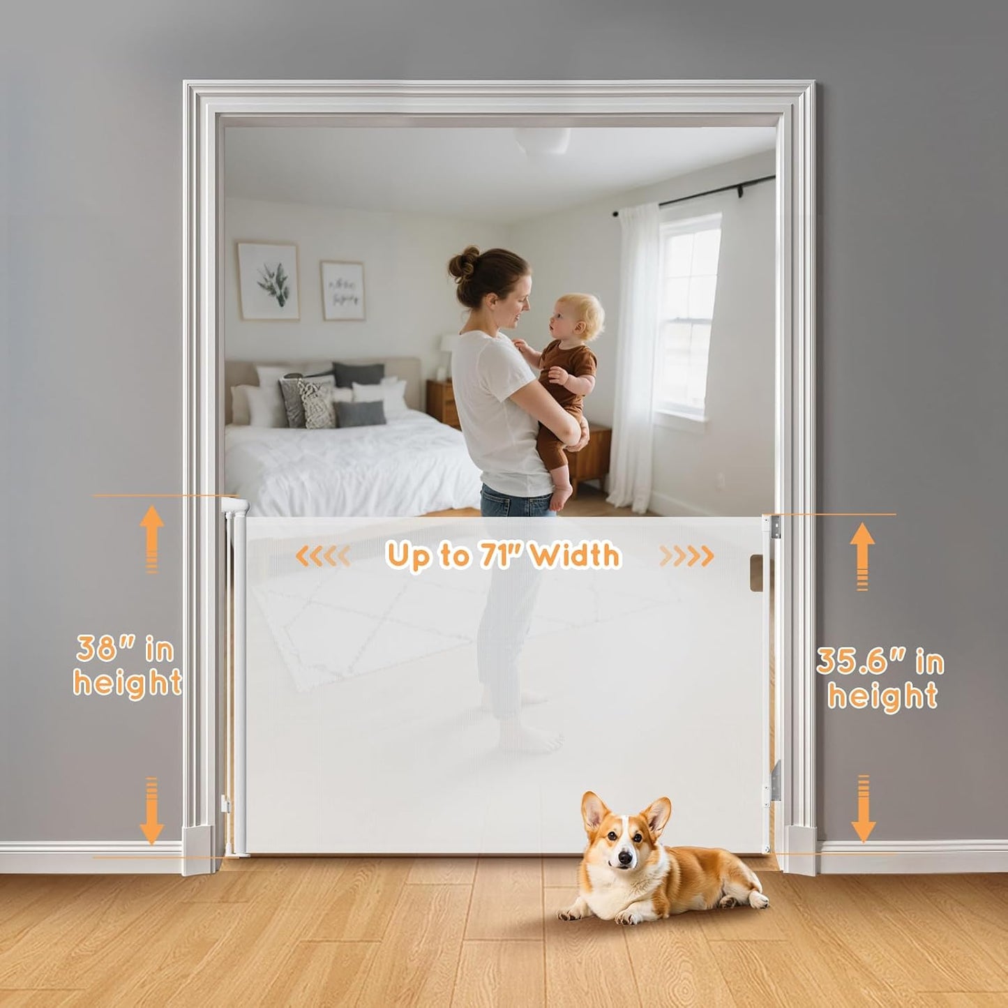 Retractable Baby Gate, 38" Extra Tall Mesh Dog Gate with Auto-Tension Design, 71" Wide One-Hand Operation Doorway Gates for Pets & Babies, No Bottom Rail Safety Gate for Hallways, Black
